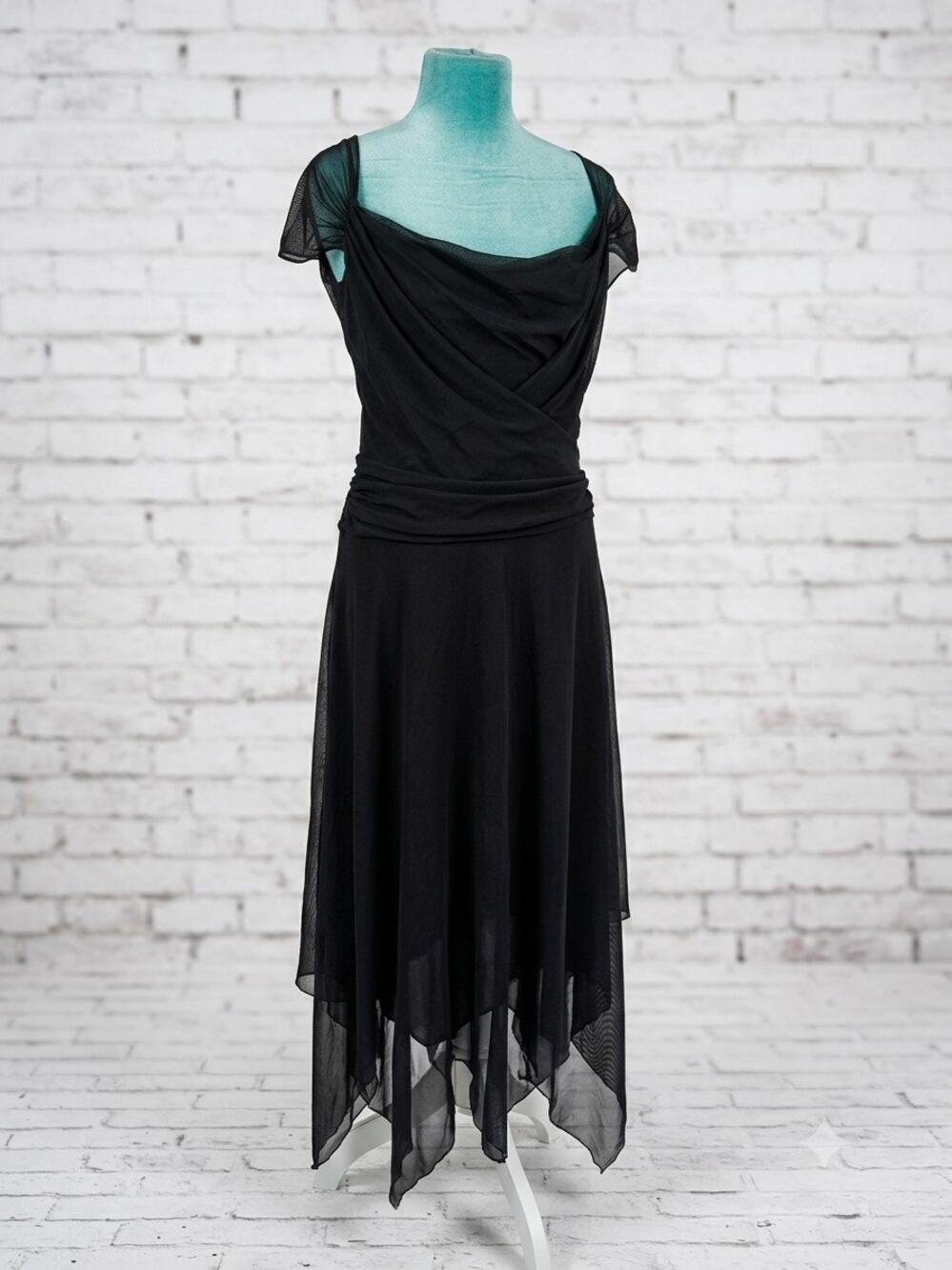 Tadashi Shoji Vintage 90s Whimsigoth Mesh Draped Cowl Neck Asymmetrical Dress